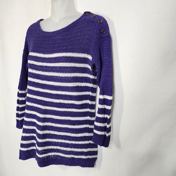 Ann Taylor Loft Womens Sweater Small Purple Ivory Striped Linen Blend Open Knit - Picture 6 of 10